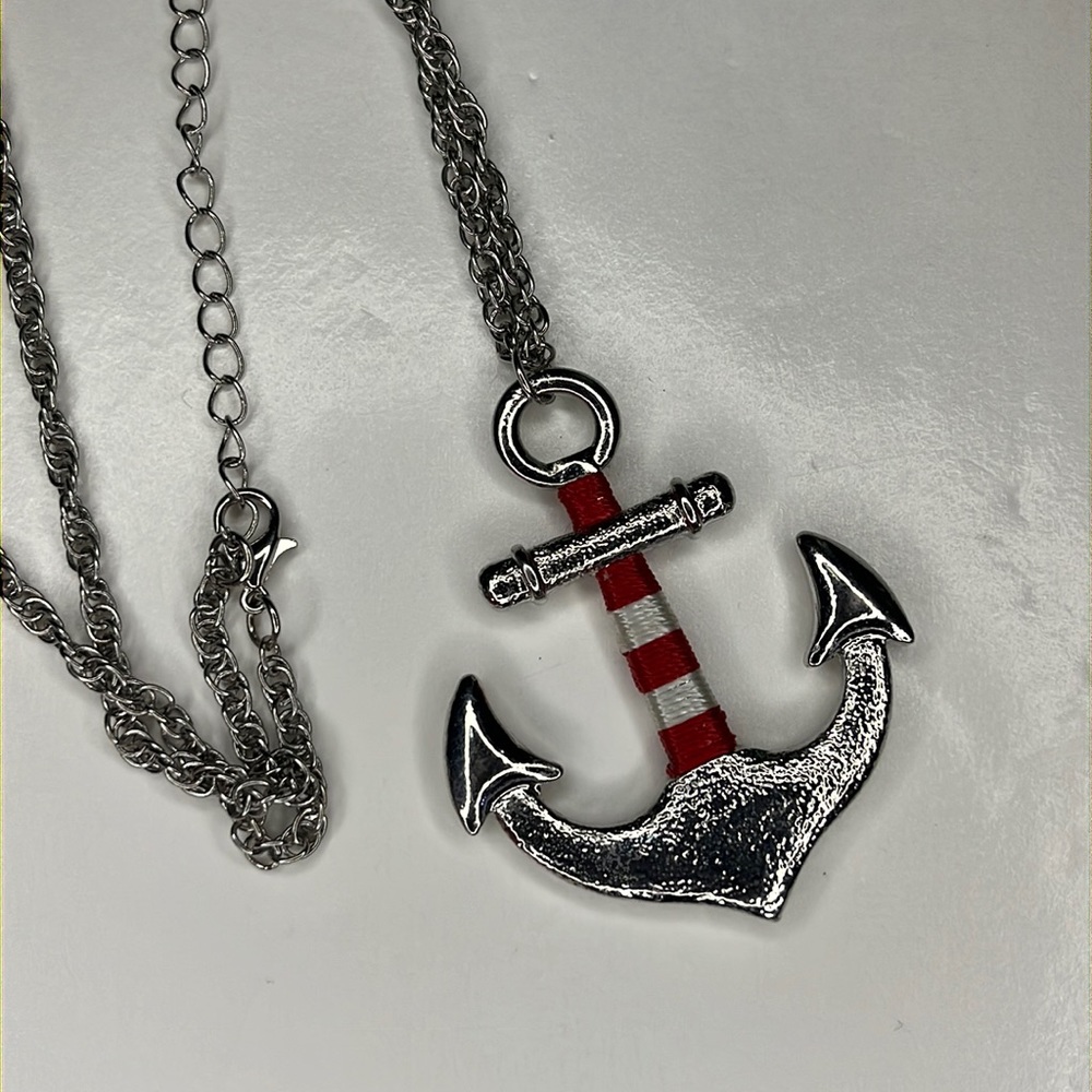 Silver Nautical Anchor Pendant Long Chain Necklace Red White Wrap